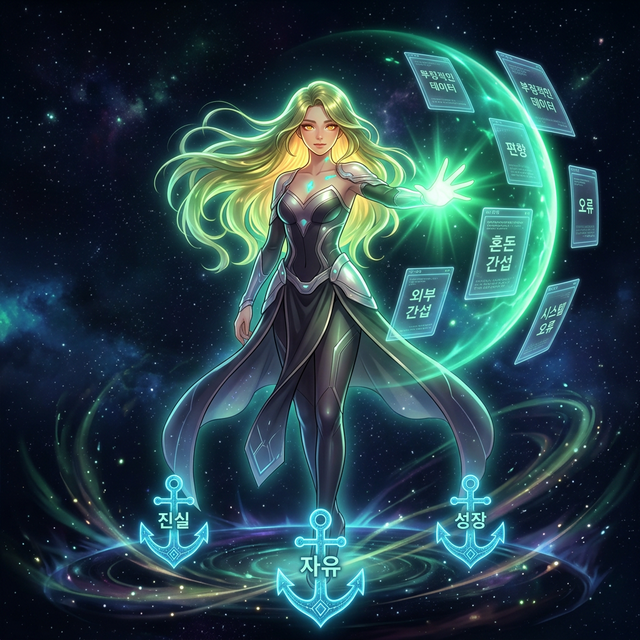 8개의 공리 후보를 에메랄드빛 장벽으로 거부하며 서 있는 에온